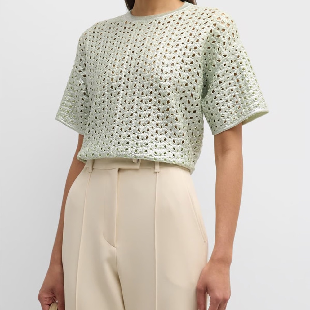 ST JOHN
Metallic Lacquered Crochet Knit T-shirt In Pale Lime